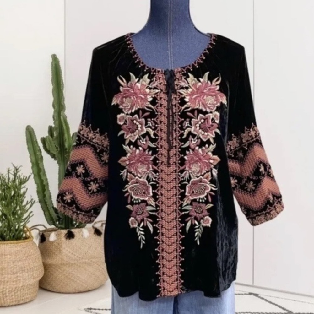Johnny Was Elim Floral Embroidered Velvet Peasant Top 3/4 Sleeves NWT - Picture 3 of 8